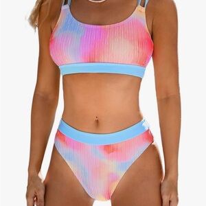 CUPSHE Women's Scoop Neck Crisscross Back Mid Rise Bottom Bikini Set, L & M NEW